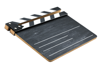 Film clapperboard in matte finish with aluminum hinge rivets, isolated on transparent background.
