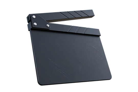 Film clapperboard in matte finish with aluminum hinge rivets, isolated on transparent background.
