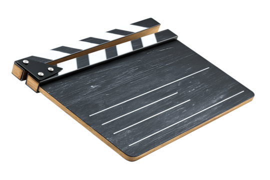 Film clapperboard in matte finish with aluminum hinge rivets, isolated on transparent background.
