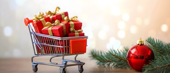 Miniature shopping cart overflowing with red Christmas gift boxes.
