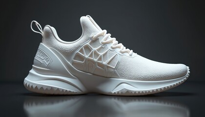 White 3D printed sneaker with complex sole structure and textured upper. Modern footwear design shows innovation in athletic shoe production. Futuristic style for active lifestyle.