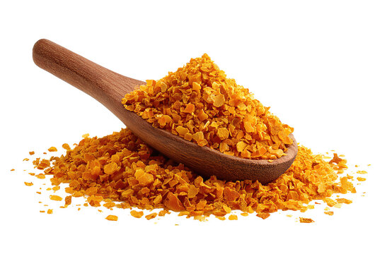 Small mound of turmeric granules with a wooden teaspoon partly buried, isolated on transparent background.
