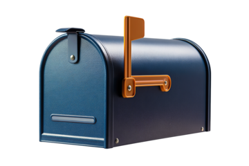 Modern navy mailbox with raised flag and horizontal slot, isolated on transparent background.

