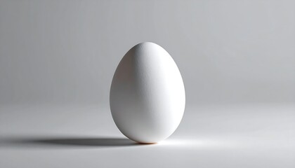White egg stands on a white surface against a light gray background, simple