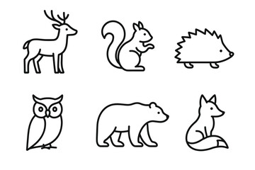 Fototapeta premium Collection of minimalist animal icons featuring deer, squirrel, hedgehog, owl, bear, and fox
