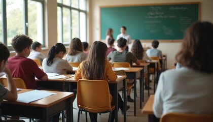 Students sit at desks writing on papers during a test in a bright classroom. A teacher stands near the blackboard, overseeing the exam. Young people focus on their schoolwork in a lesson.