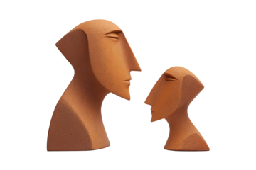 Pair of terracotta profile busts with minimalist features, one large and one small, isolated on transparent background.
