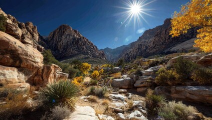 A vibrant desert landscape displays rugged mountains, colorful foliage, and a bright sun.