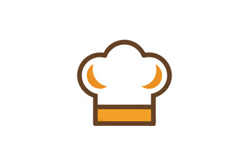 A simple chef's hat outlined in brown and orange rests against a white backdrop