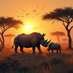 Fototapeta premium Large adult rhino and small calf walk on grassy savanna during sunset. Acacia trees and birds fly in sky over African landscape. Warm orange light glows.