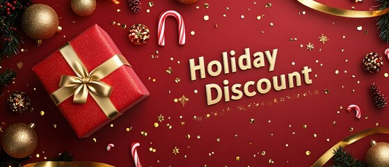 Holiday discount advertisement banner with festive Christmas decorations.
