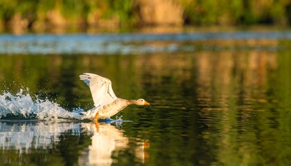 Out of focus lake landscape with water, trees, and shoreline in blurred background