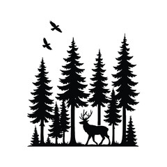 Naklejka premium Forest silhouette illustration with deer and birds for nature lovers.