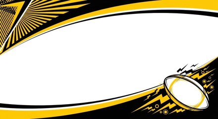 Abstract design featuring a rugby ball, dynamic lines, and a vibrant color scheme.
