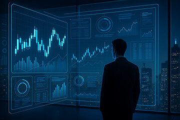 Business analyst reviewing futuristic data dashboards with glowing charts and graphs