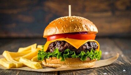 Mouthwatering burger with fries on paper, against a weathered wooden backdrop