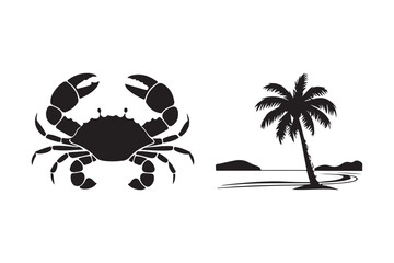 Silhouette of a crab and a tropical beach scene with a palm tree