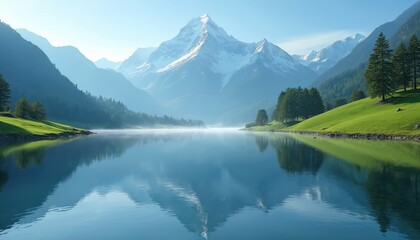 Fototapeta premium Majestic snowy mountains rise above a misty blue lake surrounded by green hills and pine trees. A calm water surface perfectly reflects the serene scenery under a clear sky.