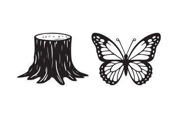 Black and white illustration of a tree stump and butterfly