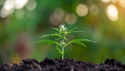 Small plant in soil with blurred green and yellow bokeh background, sunny day