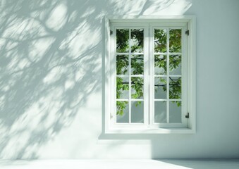 Obraz premium A serene, light-filled space is highlighted by a window, showcasing dappled shadows and fresh greenery.