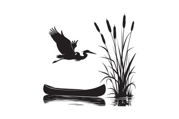 Heron takes flight over a canoe beside cattails on water
