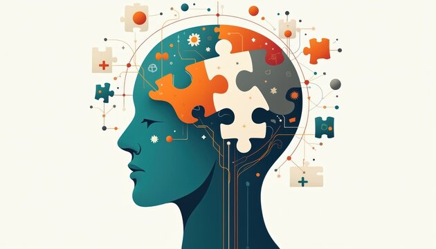 Human head profile shows jigsaw puzzle pieces forming part of brain. Abstract lines, small elements connect like neural networks. Illustration represents mental health, cognitive psychology, memory,