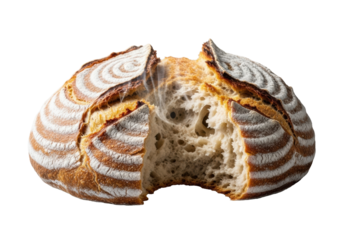 Freshly baked rustic artisan sourdough boule, golden gnarled crust, dramatically torn, revealing moist airy crumb with steam, isolated on transparent. Concept for bakery marketing
