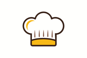 A white chef's hat with brown outlines and yellow accent stands centrally