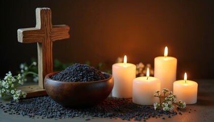 Wooden cross and bowl of ashes with burning candles create solemn religious atmosphere. Holy symbols represent repentance faith and spirituality. Ashes signify mortality and devotion.