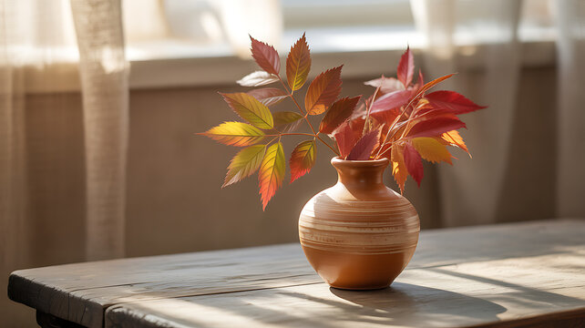Autumn still life with flowers in a vase on a table.