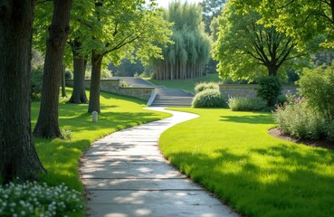 Fototapeta premium Winding stone pathway through rich green park grass leads to wide stairs. Tall trees provide shade on sunny summer day in beautiful garden landscape.