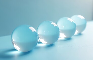 Four clear glass spheres lined up on a clean blue surface represent skincare innovation. They symbolize modern beauty tech and wellness solutions with purity.