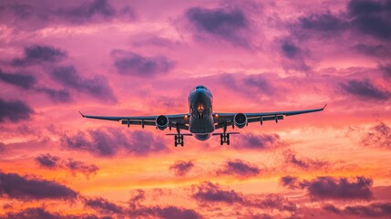 Fototapeta premium A majestic passenger jet gracefully descends through a vibrant sunset sky, its landing gear extended against a backdrop of dramatic clouds.