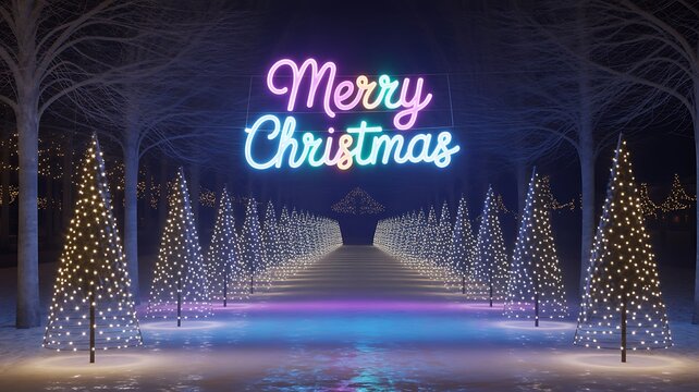 Merry christmas neon sign festive holiday lights illuminated trees