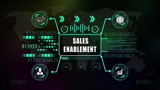 sales enablement Graphics and Data Visualization Elements for Analytics and Strategy. Asymptotic smart data on world map background . 