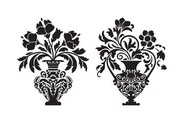 Ornate black floral vases with flourishing designs