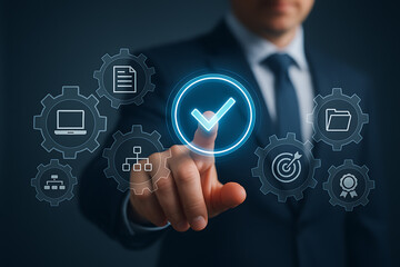 Obraz premium Businessman Touching Digital Check Mark Icon on Futuristic Interface with Process Automation