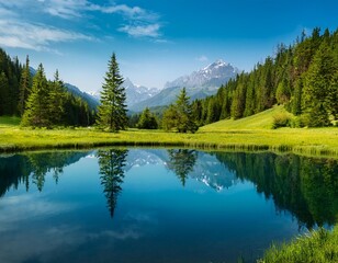Beautiful view of meadow and amazing trees reflected on the blue water surface somewhere between mountains covered with forest 