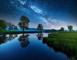 Beautiful view of meadow and amazing trees reflected on the blue water surface somewhere in a rural area High quality photography starlight night starry sky 