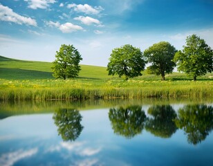 Beautiful view of prairie and amazing trees reflected on the blue water surface somewhere in a rural area; magical scenery during summer, panorama 