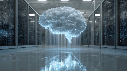 Artificial intelligence brain connected to server room data center for ai technology concept
