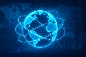 Glowing Digital Earth with Global Data Network Connections and Virtual Technology Background
