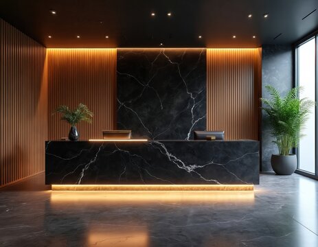 Modern office reception desk with black marble and wood panel walls. Warm ambient lighting enhances elegant contemporary interior design. Sophisticated business welcome area. - Powered by Adobe