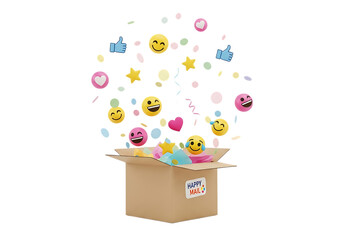Emojis and confetti exploding from a cardboard box isolated on transparent background