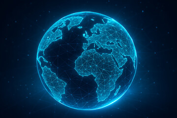 Futuristic glowing holographic Earth globe with blue wireframe network technology design