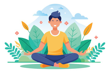 Smiling man sits in lotus position with leaves and sky behind him