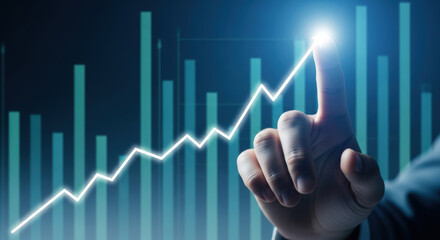 Finger Points Upward on Growing Financial Stock Market Graph.