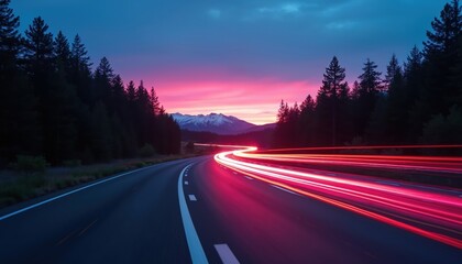 Car light trails streak on winding road at twilight with pink sky over snowy mountains. Dark pine forest borders the scenic highway at dusk. Abstract motion blur effect.