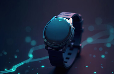 Smartwatch displays health data on a dark background. Glowing digital lines and dots suggest connectivity and futuristic tech. This modern device monitors fitness activity.